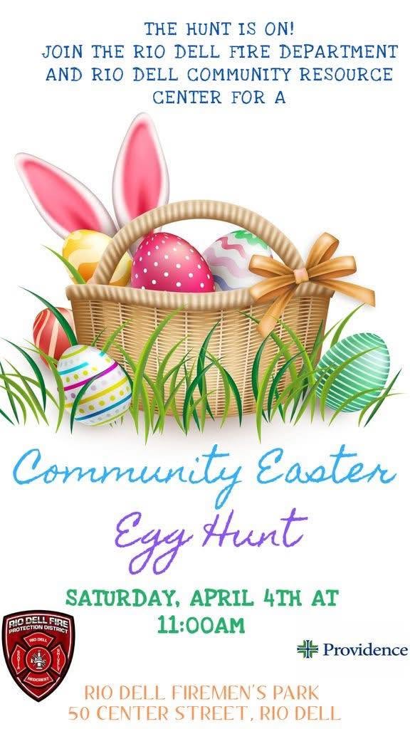Past Event: 2026 Easter Egg Hunt In joint partnership with the Rio Dell Community Resource Center, this is a flyer of the 2026 Easter egg hunt