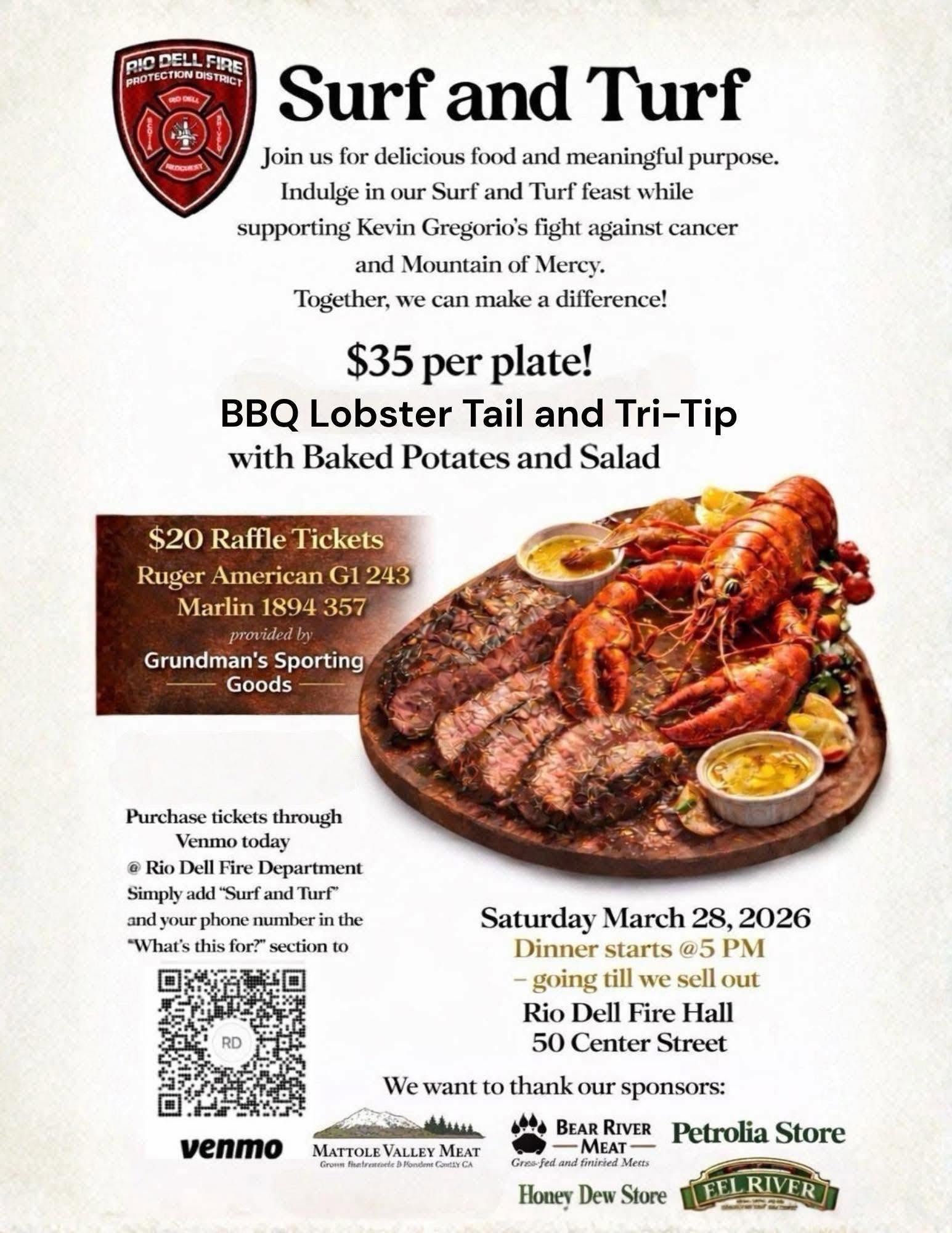 Past fundraiser for Firefighter 2026 surf and turf fundraiser for FireFighter with medical needs.